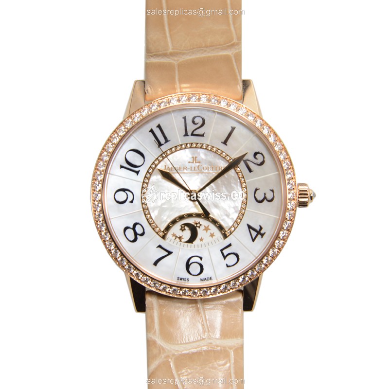 Jaeger-Lecoultre RENDEZ VOUS Replica in 18kt Rose Gold with White Dial & Diamond Bezels Watch