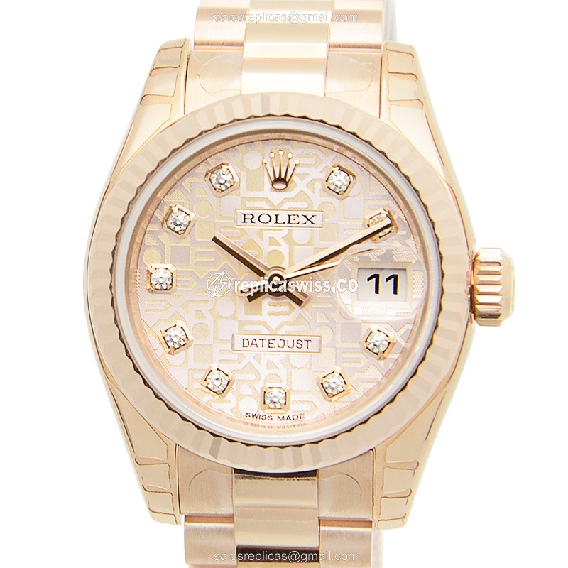 Ladies' Datejust Rolex Replica in 18K Pink Gold Case, Automatic Movement, Silver Band Watch