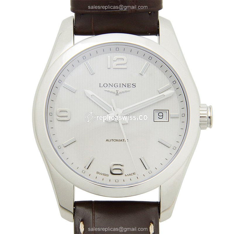 Longines Conquest L2.785.4.76.3 Replica, Automatic Movement, Silver Dial & Leather Strap Watch