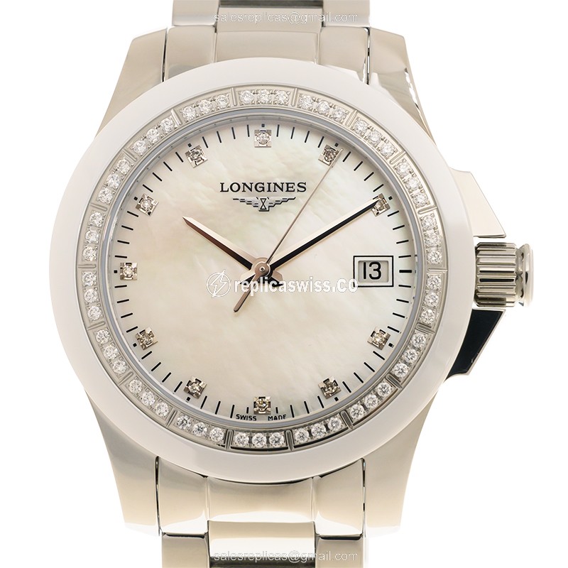 Longines CONQUEST L3.281.0.87.6 Replica | White Dial, Stainless Steel Case & Diamond Bezels Watch
