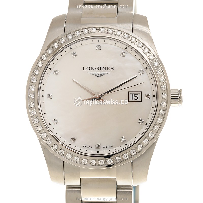 Longines Conquest L3.401.0.87.6 Replica | White Dial, Stainless Steel Case & Diamond Bezels Watch