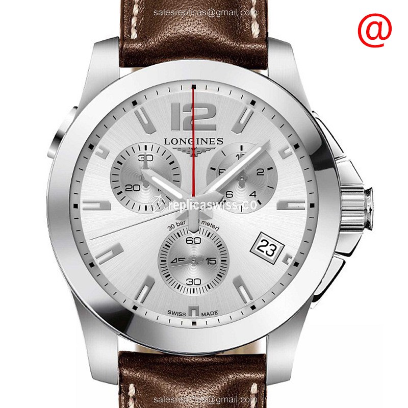 Longines Conquest L3.702.4.76.4 Replica, Silver Dial, Leather Strap, Quartz Movement Watch