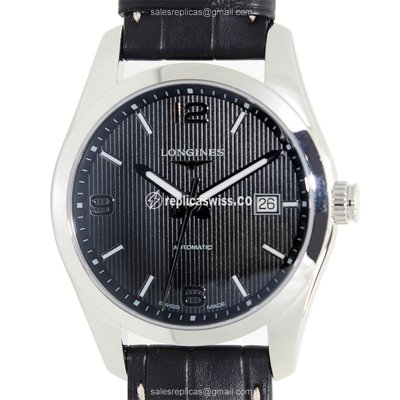 Longines CONQUEST Replica in Stainless Steel | Automatic Movement | Black Dial & Alligator Strap