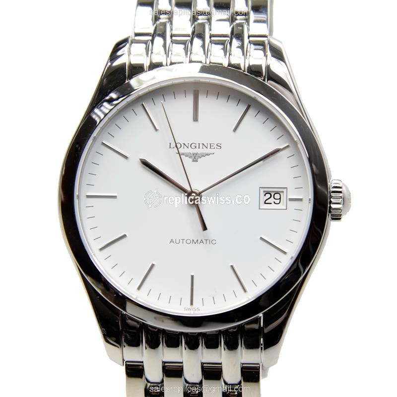 Longines Elegance Line Automatic Steel-Housed Replica Watch with White Dial Steel Strap