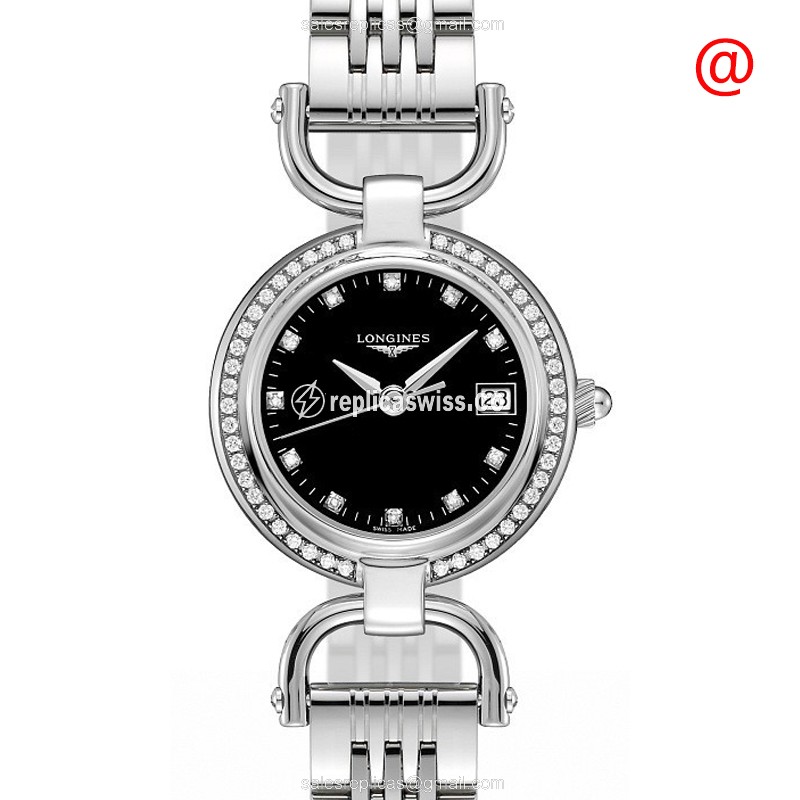 Longines Equestrian Replica in Stainless Steel & Diamond Accents, Black Dial & Quartz Movement Watch