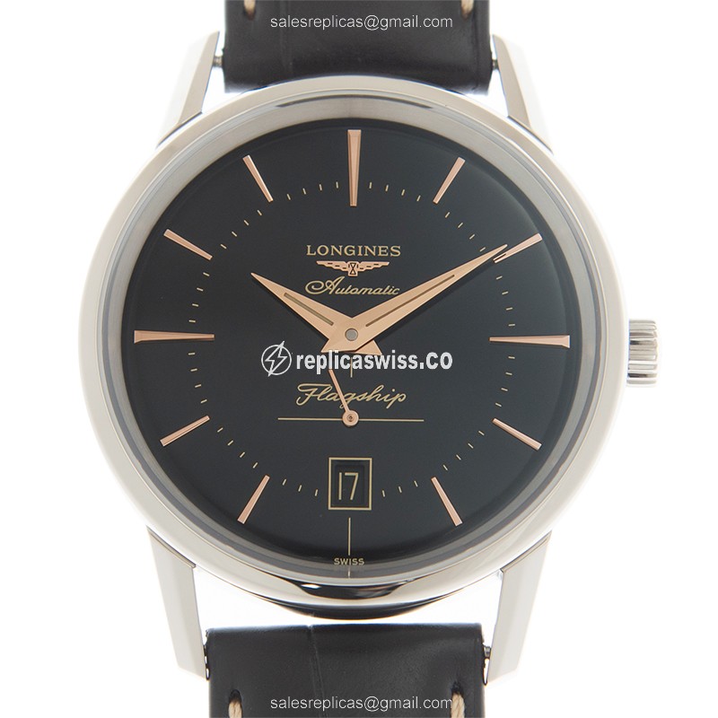 Longines Heritage Replica with Automatic Movement Black Leather Strap Watch