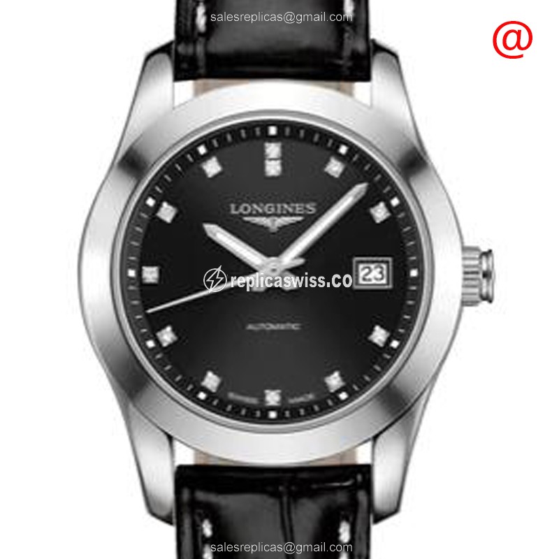 Longines L2.285.4.58.3 Conquest Classic Steel Automatic Replica | Black Dial, Alligator Strap Watch