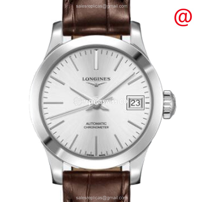 Longines L2.320.4.72.2 RECORD Replica | Automatic Movement | Silver Dial, Brown Alligator Strap