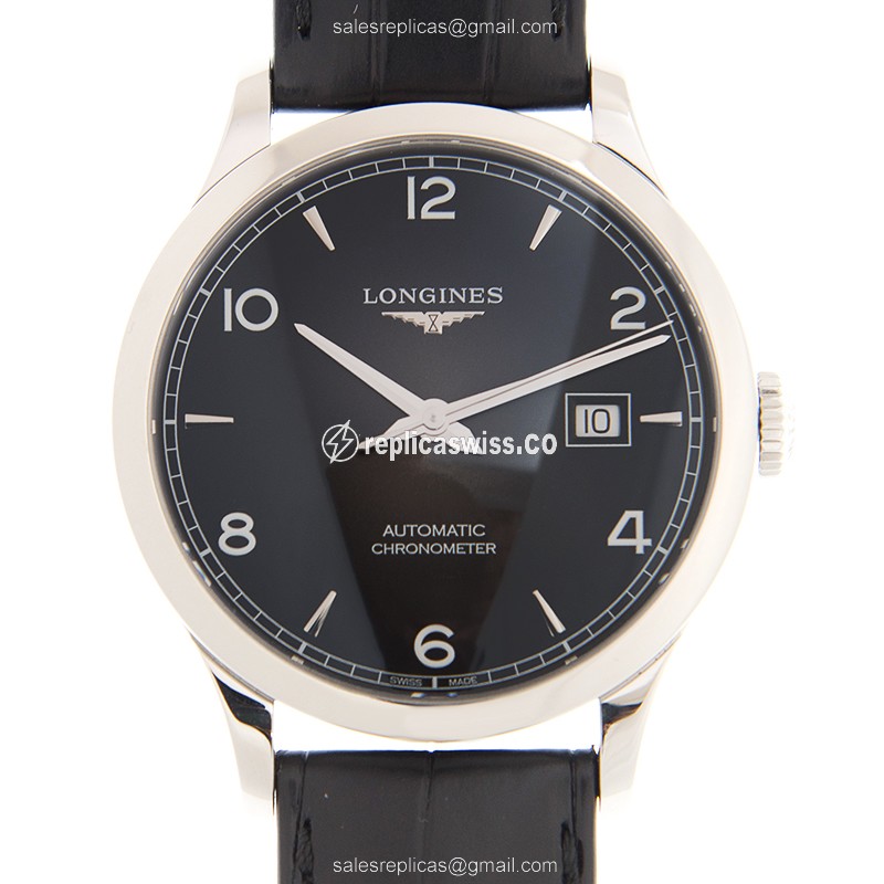 Longines L2.821.4.56.2 Record Replica | Black Dial, Alligator Strap | Sapphire Crystal Watch