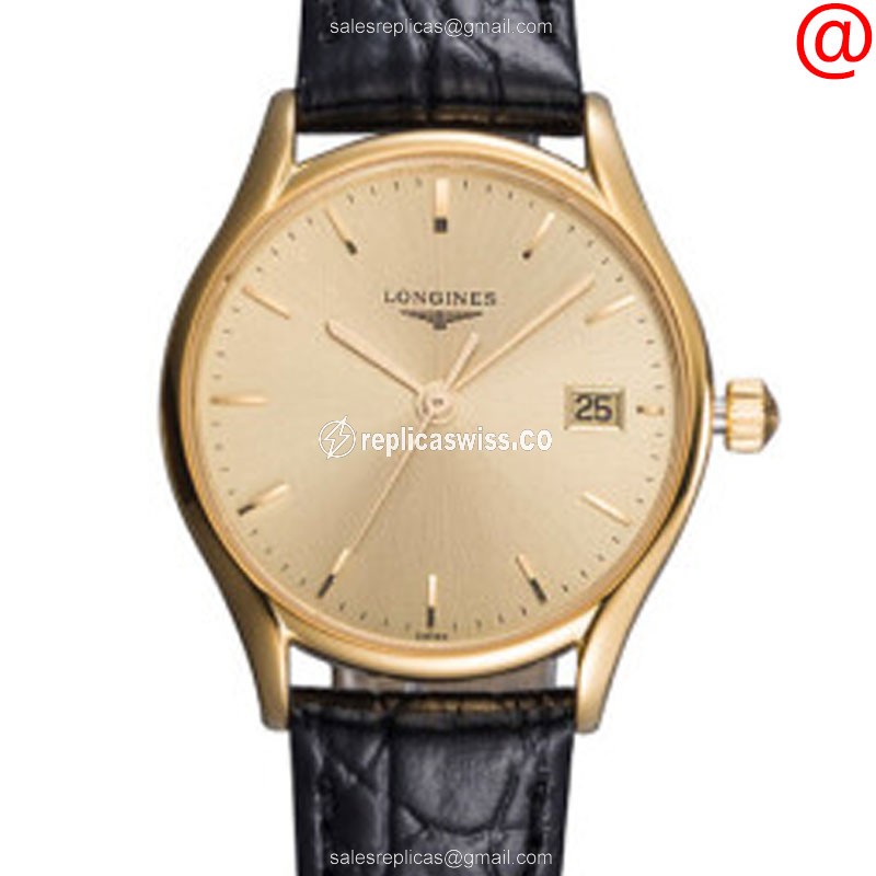Longines L4.259.2.32.2 Replica in 18kt Gold, Leather Strap, & Sapphire Crystal, Elegant Luxury
