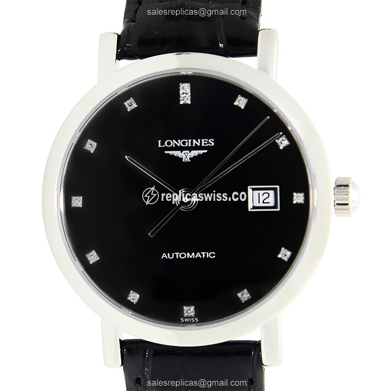 Longines L4.310.4.57.2 Replica | Automatic Movement | Black Dial & Alligator Strap Watch