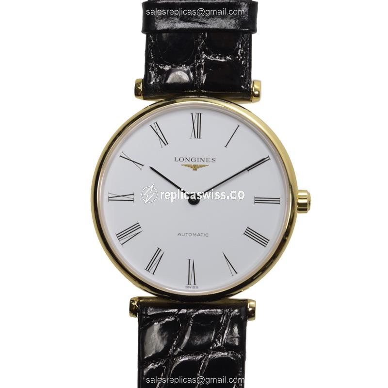 Longines L4.708.2.11.2 Grand Replica in 18kt Gold with White Dial & Black Alligator Strap Watch