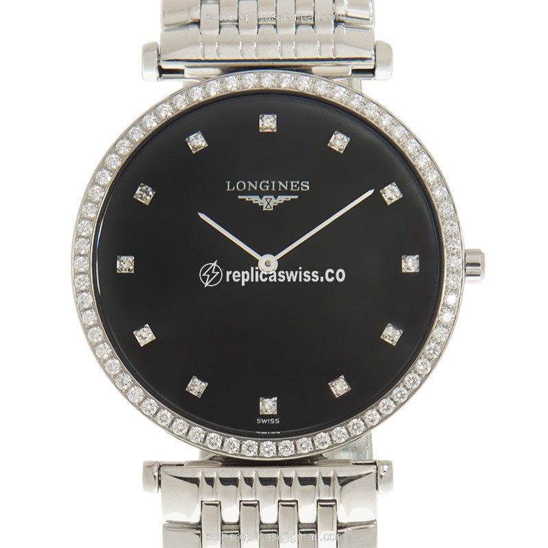 Longines L4.741.0.58.2 Grand Model Quartz Movement, Black Dial & Polished Steel Case Watch