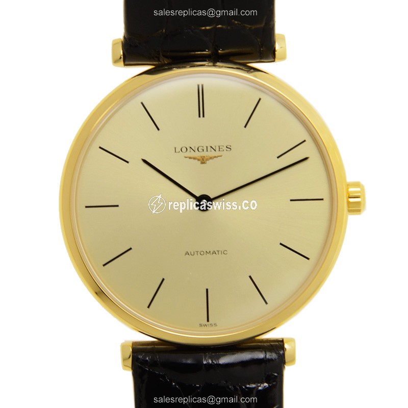 Longines LA GRANDE Automatic Replica | Gold Dial & Leather Strap | Sapphire Crystal Watch