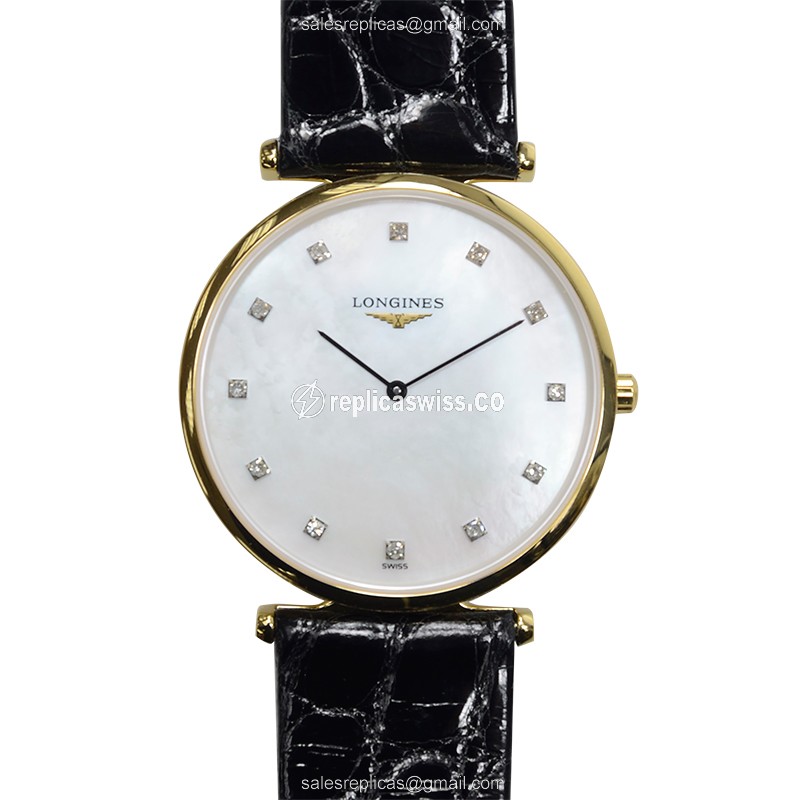 Longines LA GRANDE Quartz Gold Replica, White Dial, Leather Strap, Sapphire Crystal Watch
