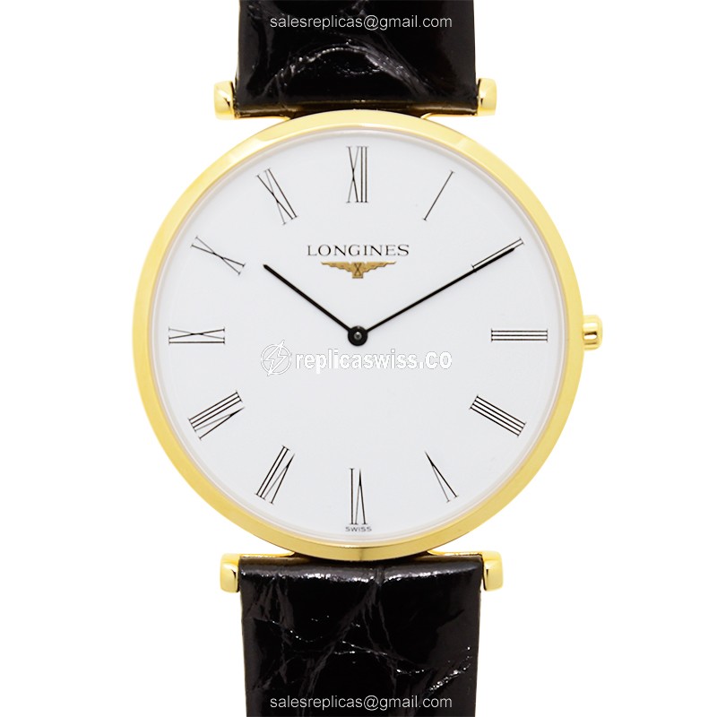 Longines LA GRANDE Quartz PVD Gold Replica Watch with White Dial Alligator Strap