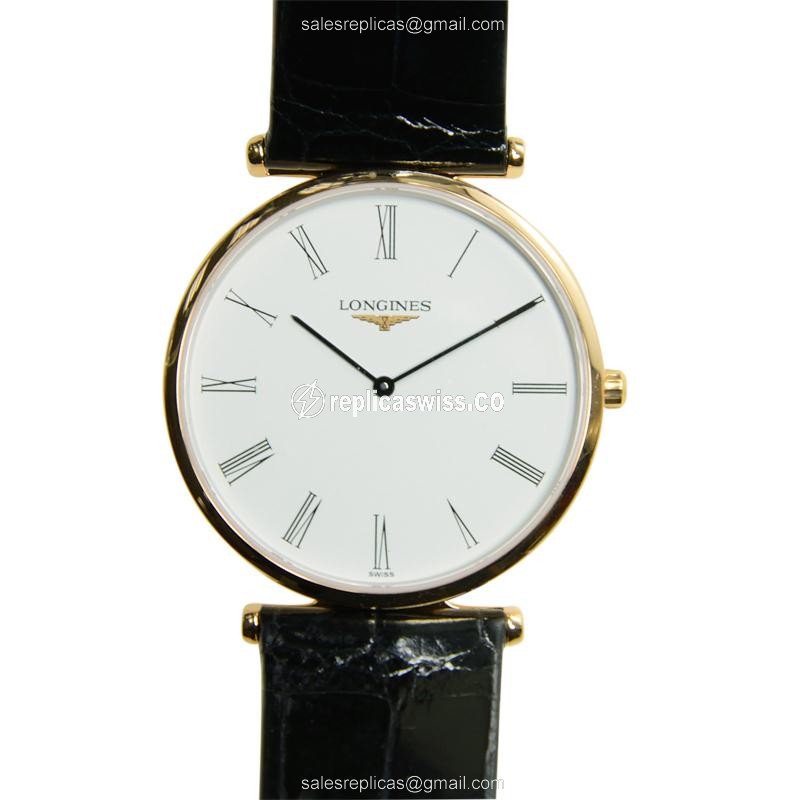 Longines LA GRANDE Quartz Replica | 18kt White Gold Dial & Alligator Strap Watch