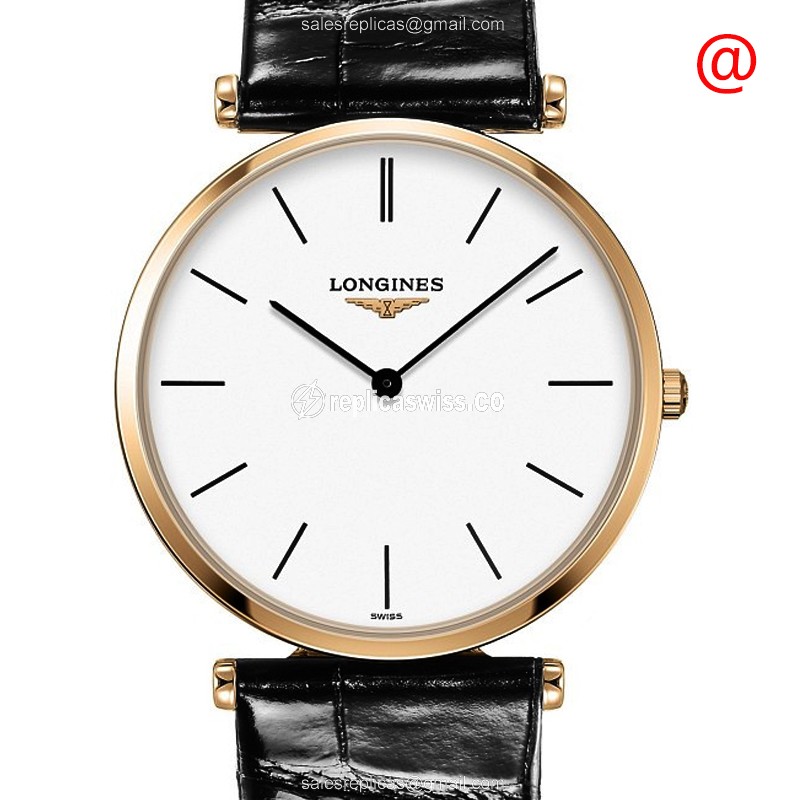 Longines LA GRANDE Quartz Replica, Elegant Gold Case, White Dial & Leather Strap Watch