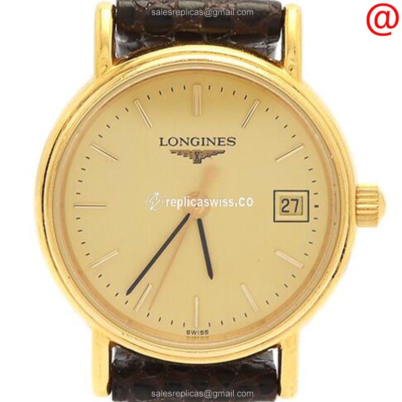 Longines Presence L4.136.2.32.2 Replica, 18kt Gold Case, Yellow Dial, Alligator Strap Watch