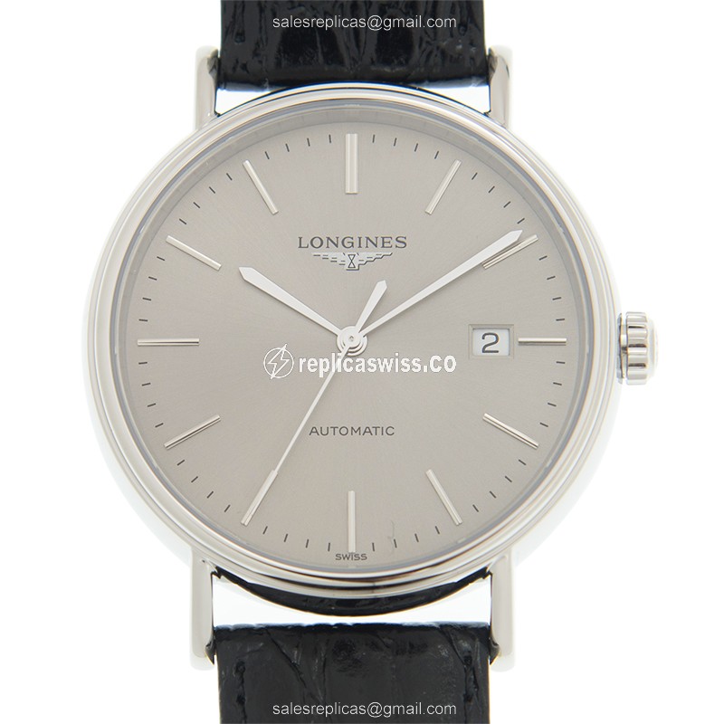 Longines Presence Replica with Automatic Movement & Gray Dial, Stainless Steel Case & Leather Strap
