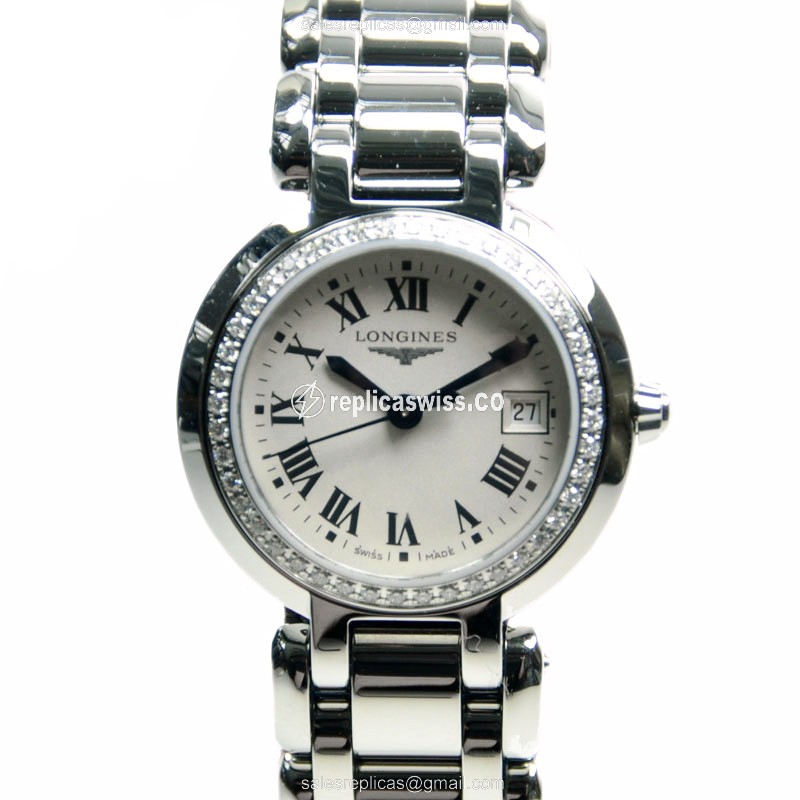 Longines Prima Luna Replica in Stainless Steel & Diamond Bezel | Silver Dial & Steel Strap Watch