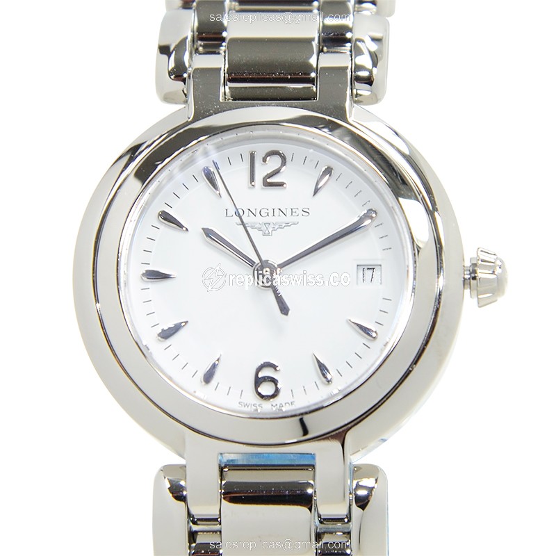 Longines Prima Luna Steel Case, White Dial Automatic Replica Watch with Silver Band