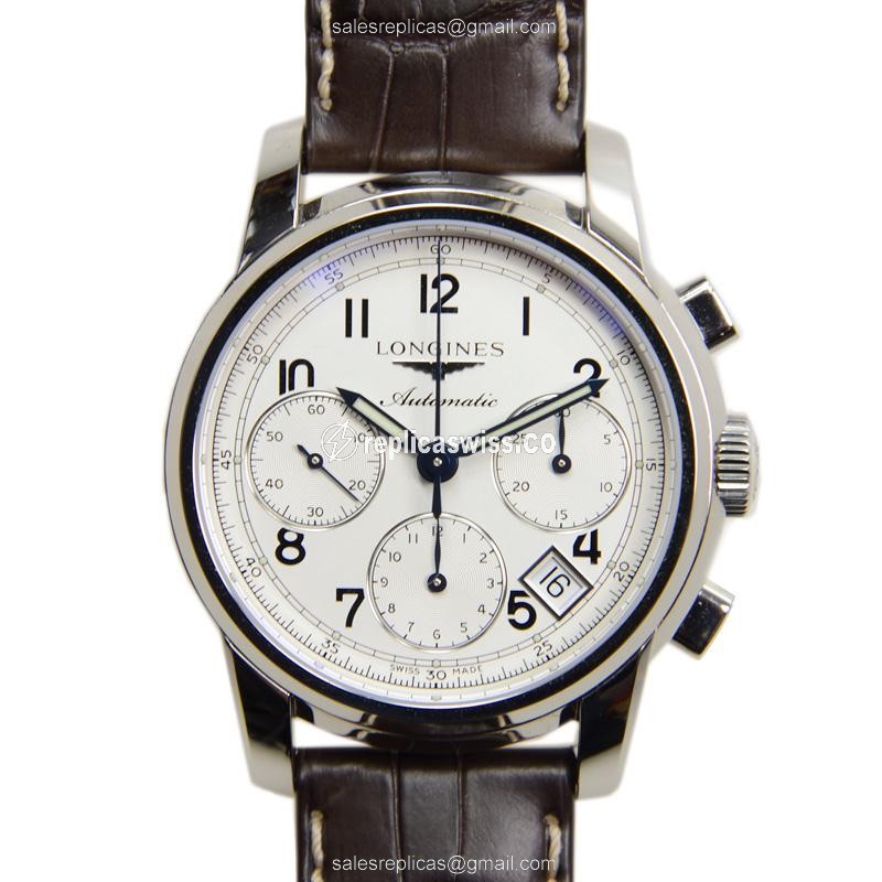 Longines Saint Imier Automatic Steel Replica with White Dial & Brown Alligator Strap Watch