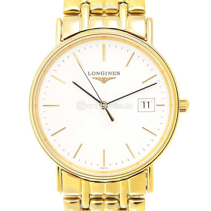 Luminescent White Dial Longines L4.720.2.12.8 Quartz Gold-Plated Replica, Gold Chain & Sapphire