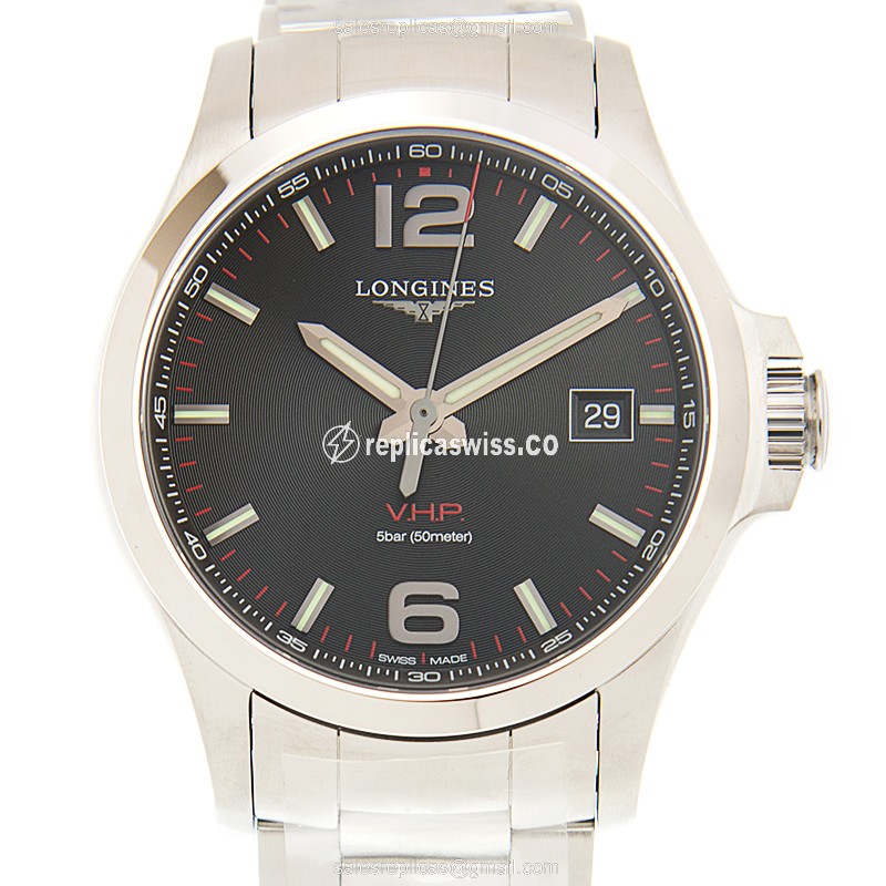 Luminous Black Dial Longines Conquest Replica, Swiss Quartz, Stainless Steel Case & Silver Band