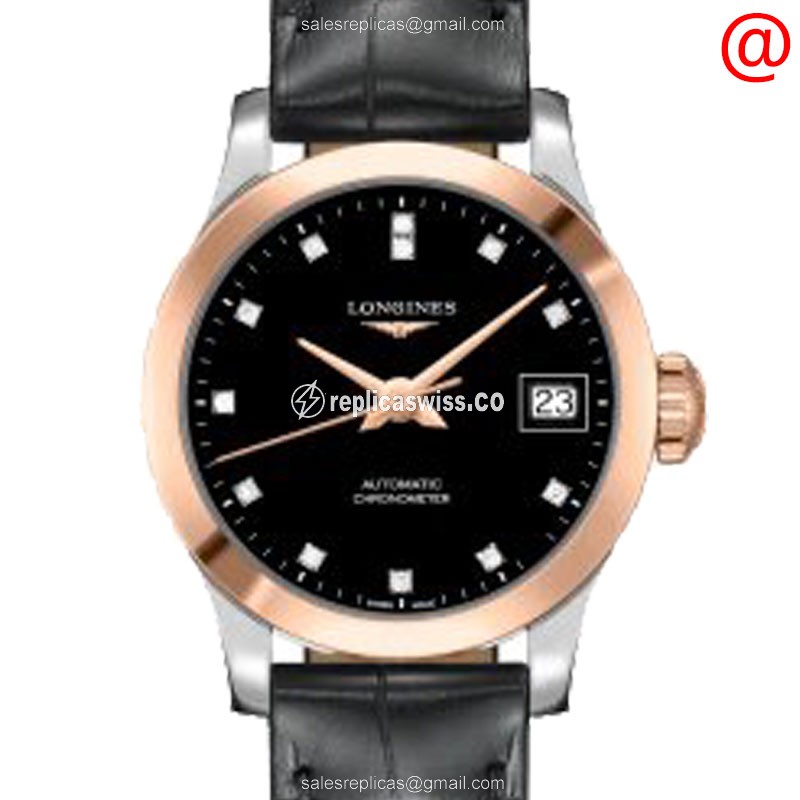 Luminous Black Dial Longines L2.320.5.57.2 Replica Automatic Watch in 18kt Rose Gold with Black