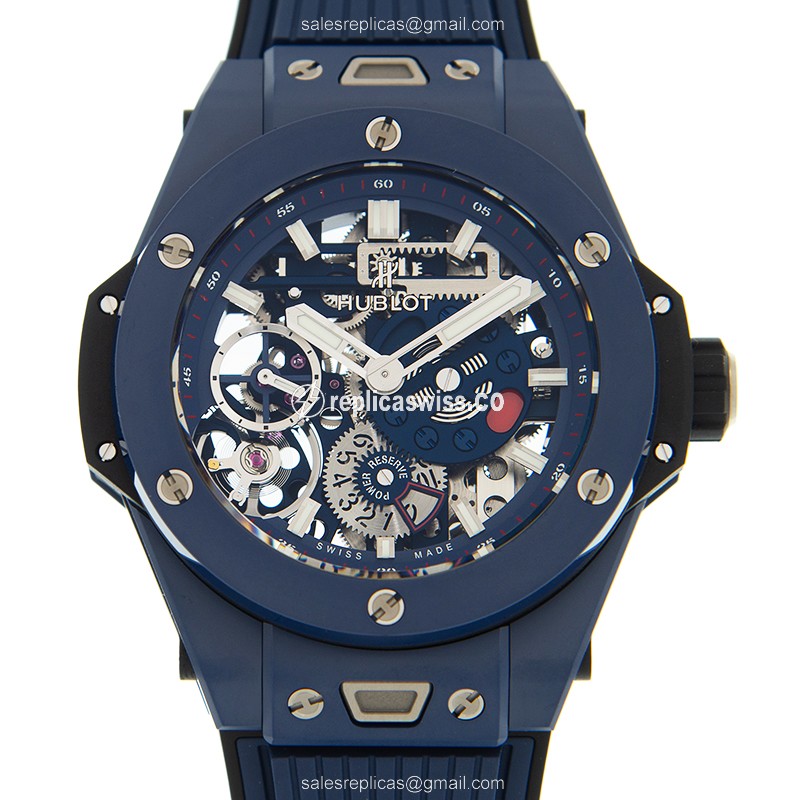 Luminous Blue Dial Hublot BIG BANG Replica, Manual Wind Ceramic Case & Rubber Strap Watch