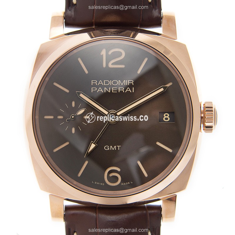 Luminous Brown Dial 18kt Gold Case Panerai PAM00570 Automatic Radiomir Replica Watch with Alligator
