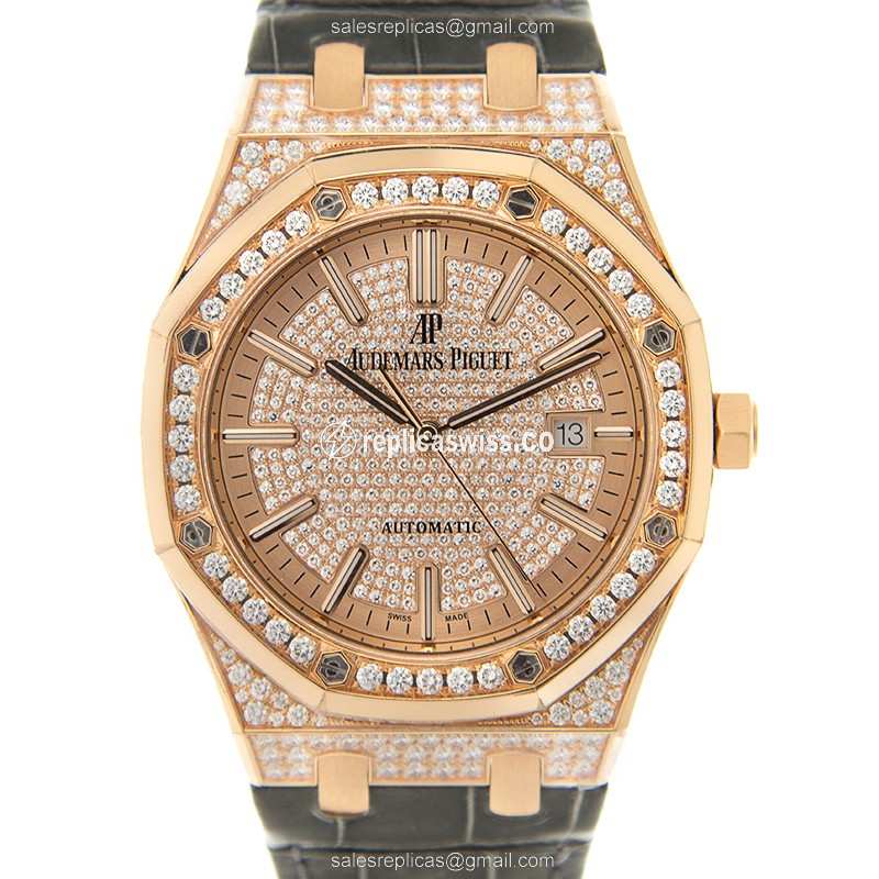 Luminous Gold Royal Oak Replica by Audemars Piguet, Automatic Movement & Exquisite Diamond Bezels