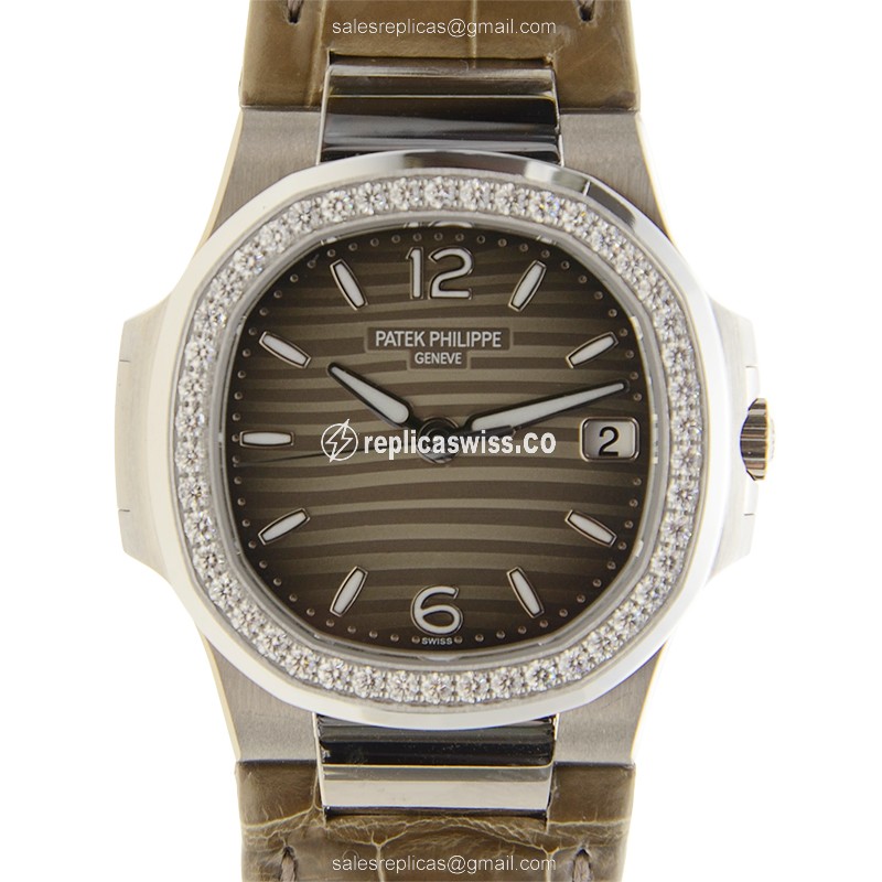 Luminous Patek Philippe 7010G-012 Nautilus Quartz Replica in 18kt White Gold with Graceful Gray
