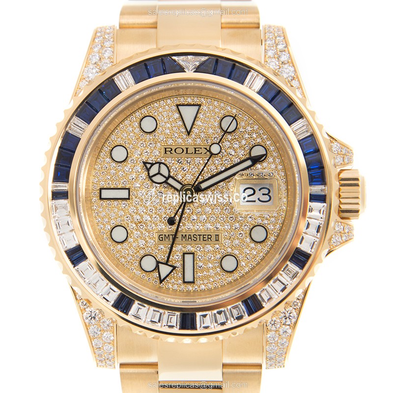 Luminous Silver Dial Rolex GMT-Master II Replica, 18kt Gold Case & Strap, Automatic Movement Watch