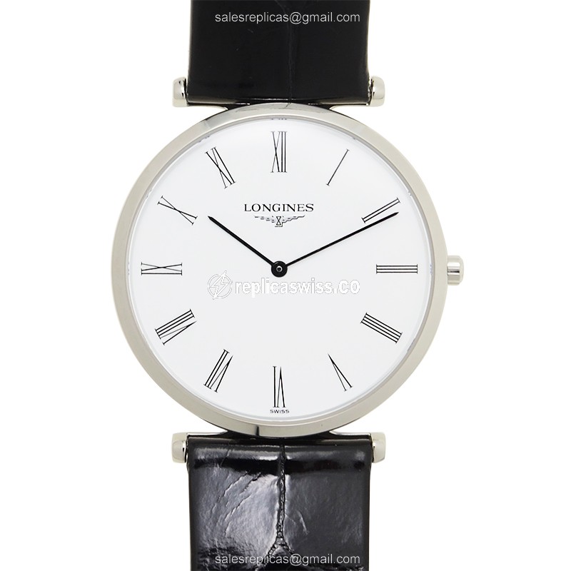 Luminous White Dial Longines L4.709.4.11.2 Grand Replica with Stainless Steel Case Alligator