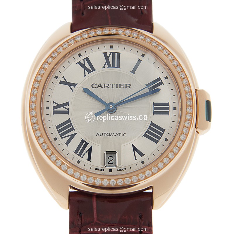 Lustrous Cartier Cle De Cartier WJCL0048 Replica, Automatic Movement, White Dial on Red Leather
