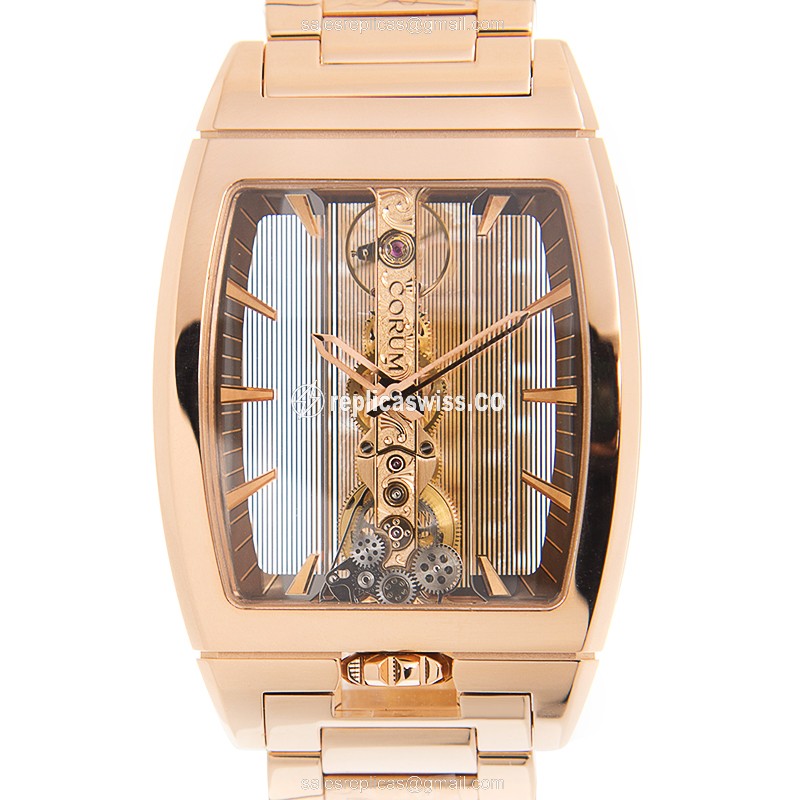 Lustrous Corum Golden Bridge Replica | Automatic, 18kt Gold, Crystal Dial & Band Watch