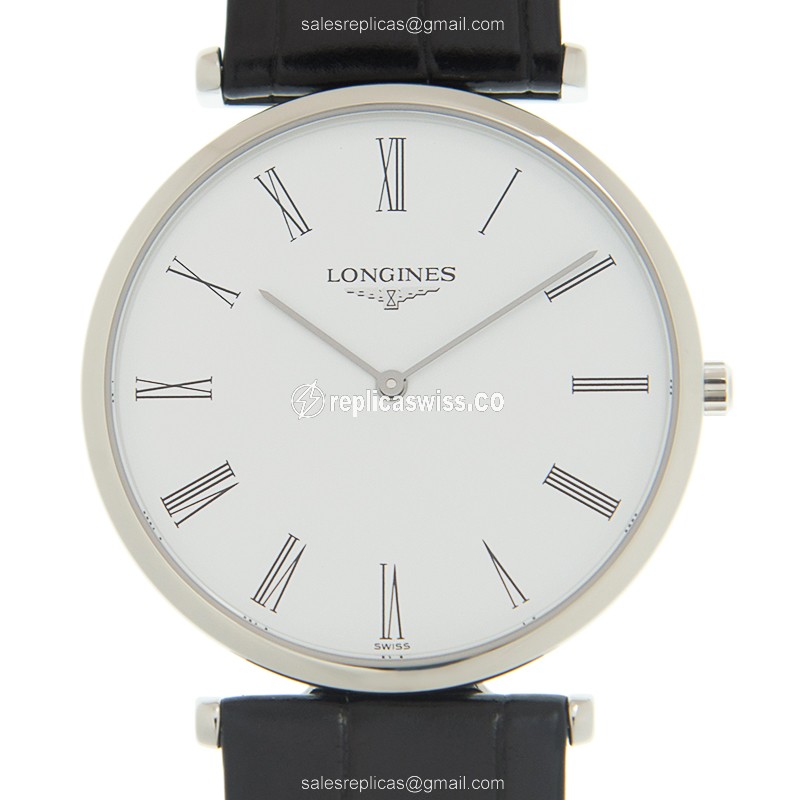 Lustrous Longines L4.709.4.21.2 Grand Quartz Replica, White Dial & Leather Strap, Polished Steel
