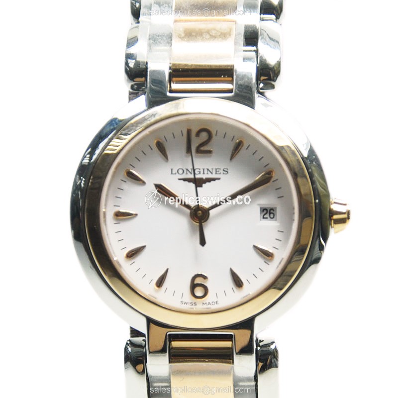 Lustrous Longines L8.110.5.16.6 PRIMA LUNA Quartz in 18kt Steel & White, Crystal Mirror Watch