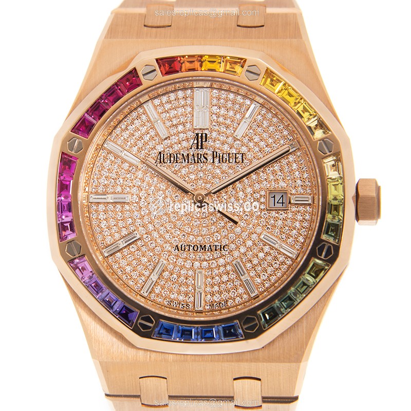 Luxe 18kt Gold Sapphire Crystal Audemars Piguet ROYAL OAK Automatic Gold Dial Watch with 18kt Gold