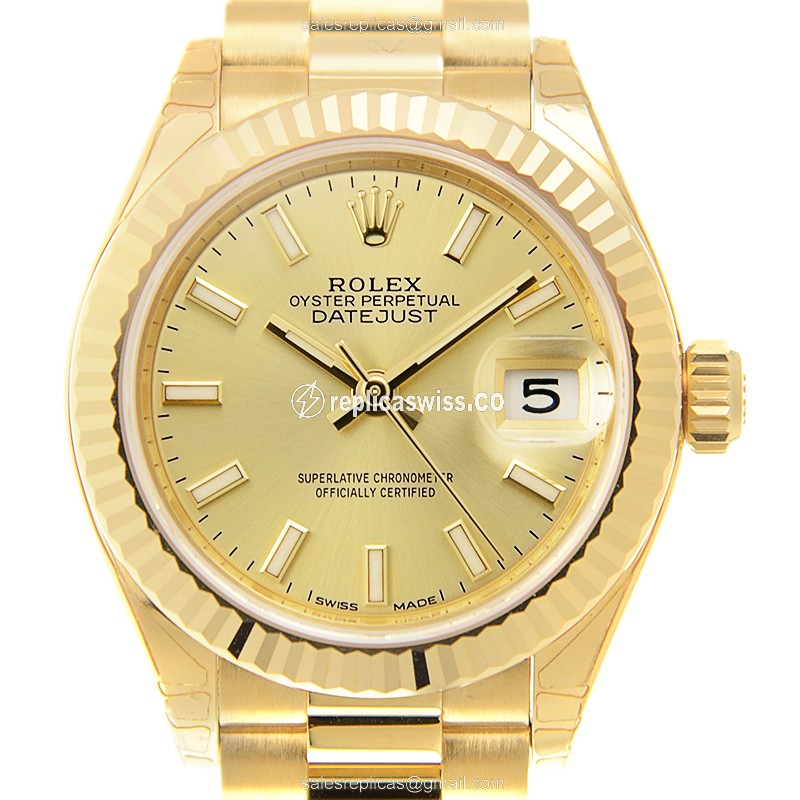 Luxurious 18kt Gold Rolex Lady Datejust Replica with Automatic Movement Polished Gold Bracelet