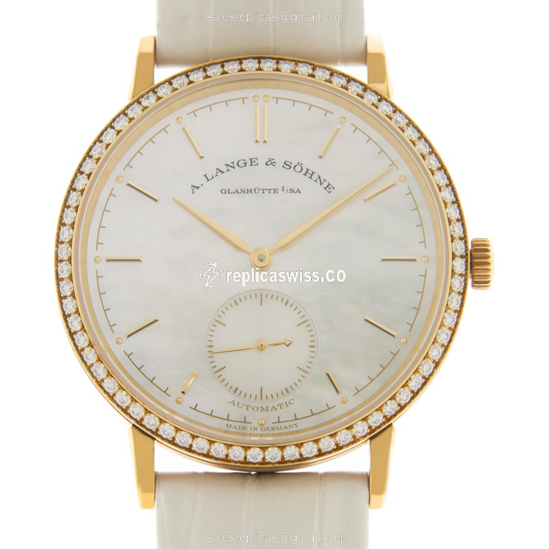 Luxurious A Lange & Sohne Saxonia Auto Replica in 18kt Gold, White Alligator Strap, Sapphire