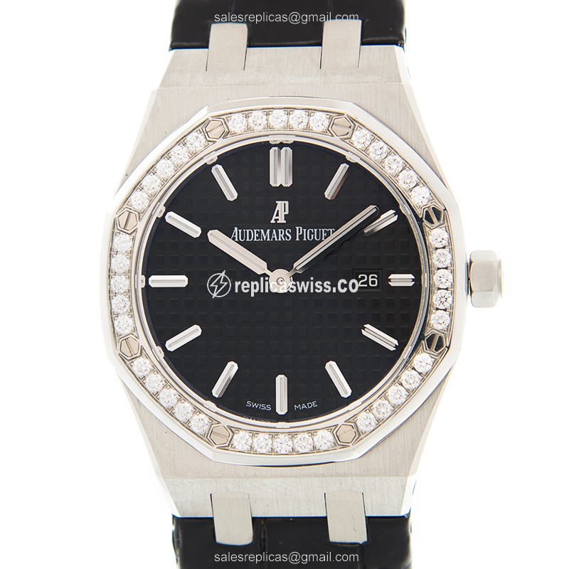 Luxurious Audemars Piguet Royal Oak Quartz Replica, Black Dial & Alligator Strap, Exquisite
