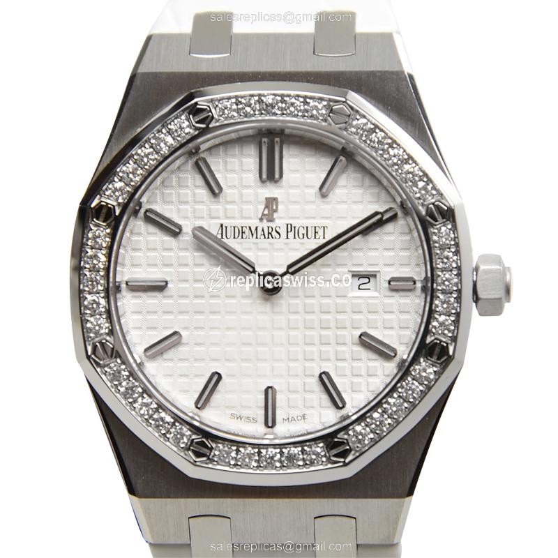 Luxurious Audemars Piguet Royal Oak Quartz Replica, White Dial & Diamond Bezels, Alligator Strap