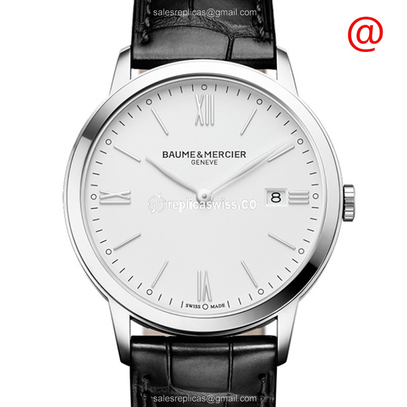Luxurious Baume & Mercier CLASSIMA Replica in Stainless Steel Case, White Dial, Black Cowhide Strap