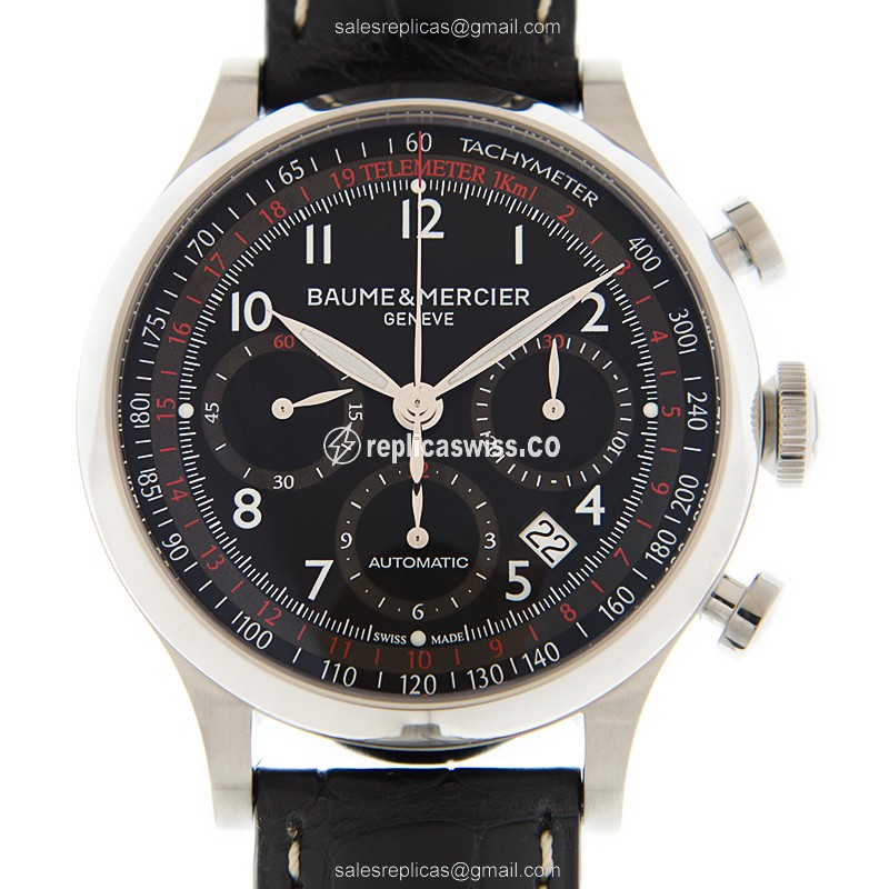Luxurious Baume & Mercier M0A10042 CAPELAND Replica in Black Dial & Alligator Strap Watch