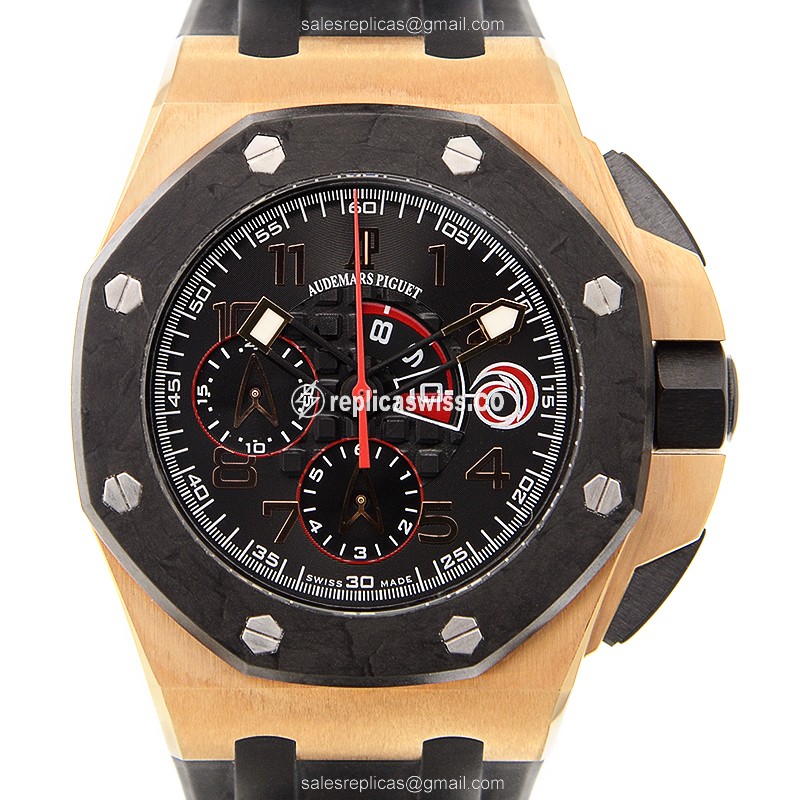 Luxurious Black Dial 18kt Gold Automatic ROYAL OAK OFFSHORE Replica, Black Rubber Strap Watch