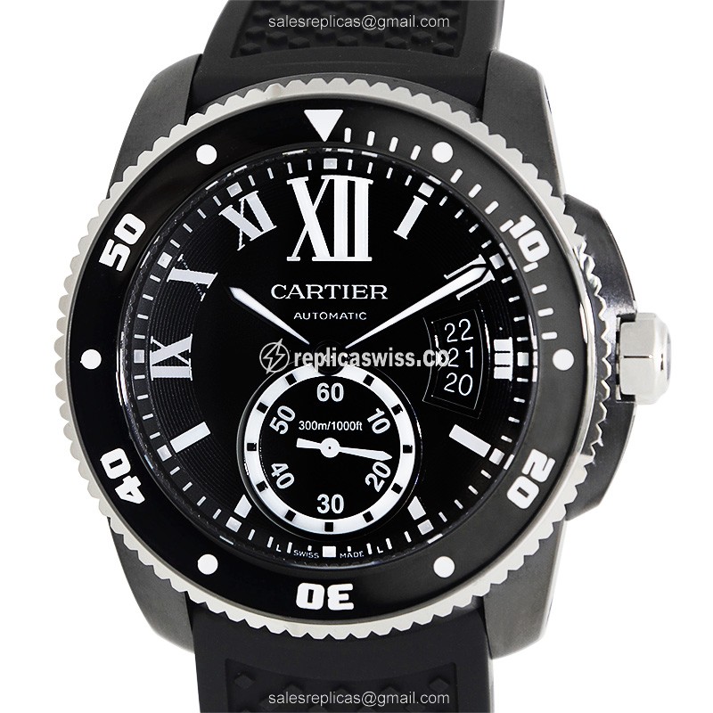 Luxurious Black Dial Cartier Calibre De Cartier Steel Replica Watch with Automatic Movement & Black
