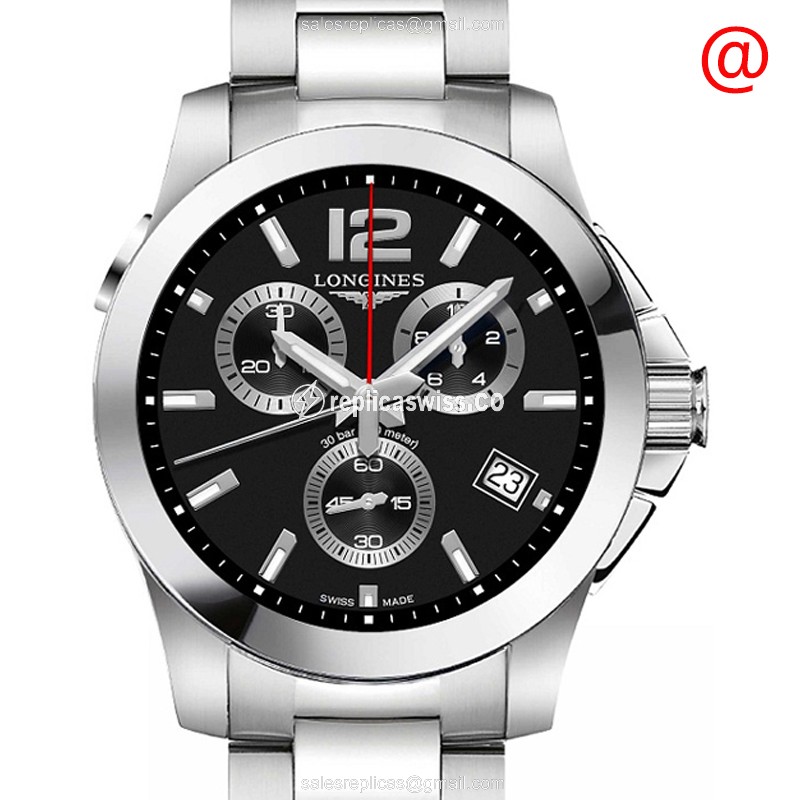 Luxurious Black Dial Conquest Replica by Longines, Swiss Quartz Movement & Steel Case Watch